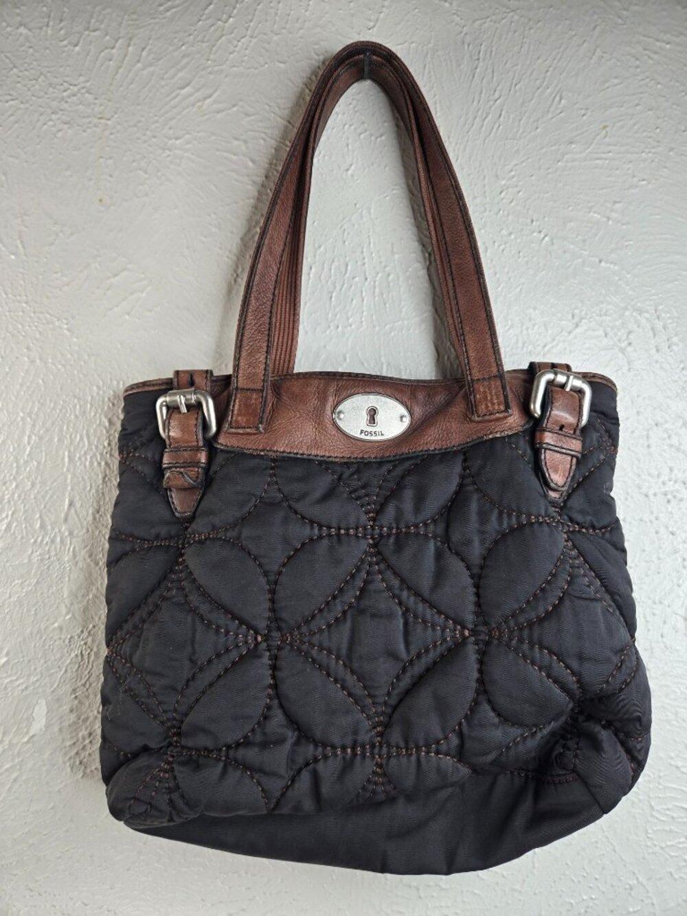 Fossil Medium Totebag Black Quilted Brown Leather Trim Handbag Everyday Purse